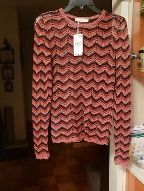 Mango Chevron Open-Weave Long Sleeve Top in Pink and Black